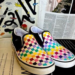 rainbow checkered vans slipons